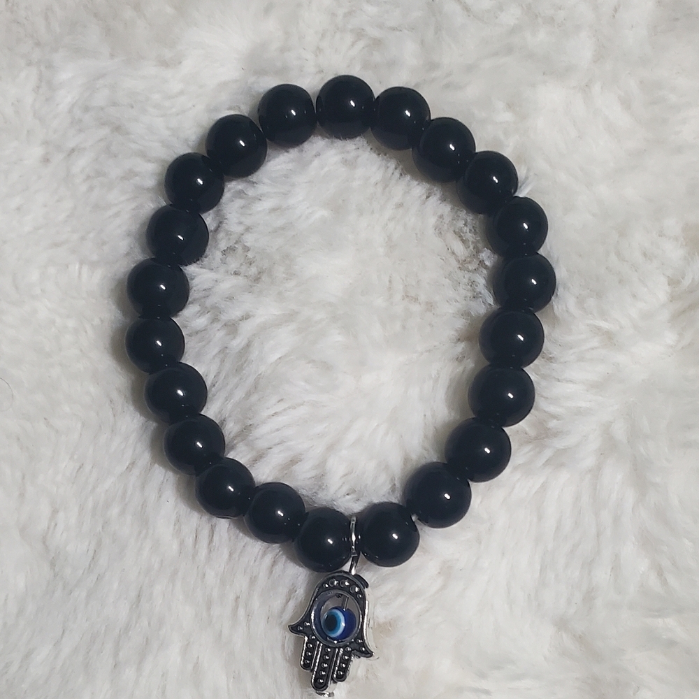 Black Beaded Bracelet with Hamsa Charm